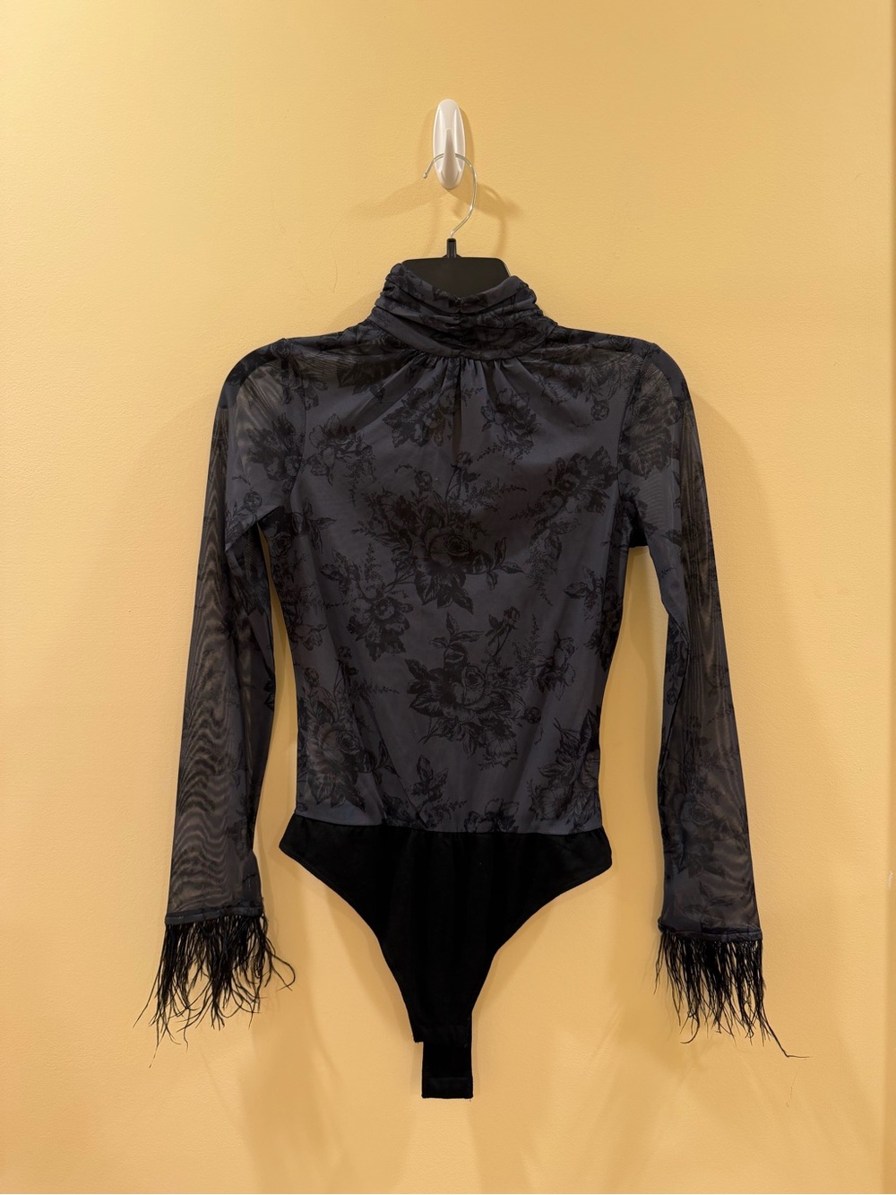 Wayf Black Floral Sheer Turtleneck Bodysuit with Feather Cuffs